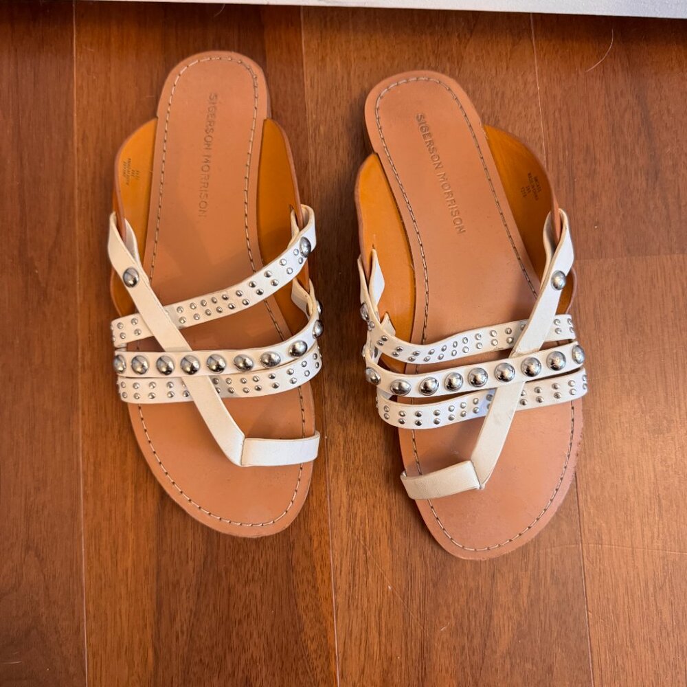 Sigerson Morrison Cass Studded Cross Strap Slip On Sandal White Leather Sz 38/8
